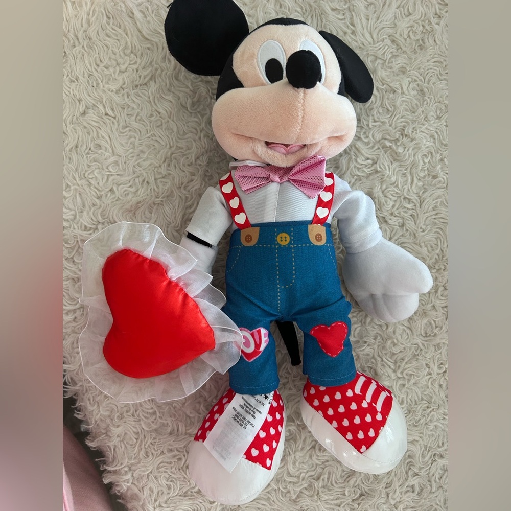 Disney Mickey Mouse Plush with Red Heart and Blue Overalls